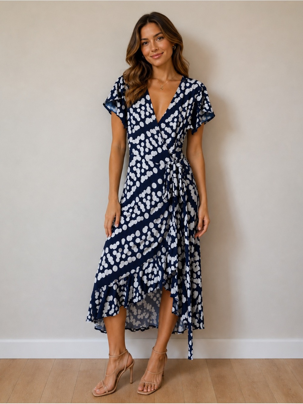 CAbi Navy Polka Dot The Perfect Belted Wrap Midi Dress Size Large